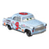 Disney Pixar Cars Slim Hood toy car in metallic pale blue with green eyes, chrome grill, red number 9 decals, sponsor branding, and black wheels, shown from front angled view.