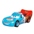 Disney Pixar Cars Transforming Lightning McQueen diecast shown at an angled view, featuring blue and red metallic paint with textured sparkle, sculpted stock car shape, Dinoco hood logo, mismatched racing wheels, and animated facial details on white.