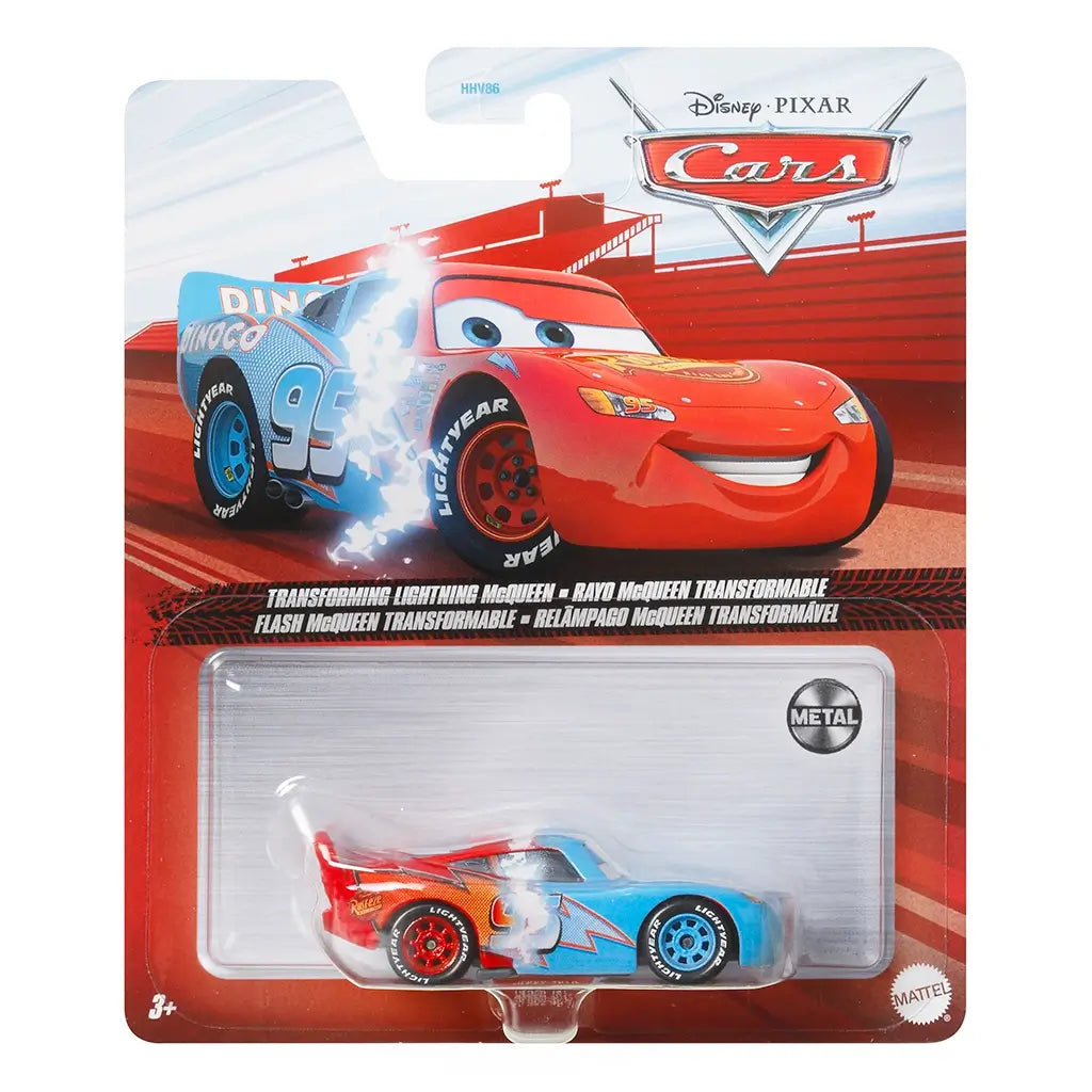 Disney Pixar Cars Transforming Lightning McQueen retail package front with red racetrack card art, clear plastic blister, and transformation artwork, displaying the half Dinoco and half Rust-eze Lightning McQueen diecast by Disney Pixar and Mattel.