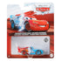 Disney Pixar Cars Transforming Lightning McQueen retail package front with red racetrack card art, clear plastic blister, and transformation artwork, displaying the half Dinoco and half Rust-eze Lightning McQueen diecast by Disney Pixar and Mattel.