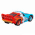 Disney Pixar Cars Transforming Lightning McQueen diecast shown from a rear angled view, highlighting the red spoiler, split blue and red body panels, racing number details, Lightning Bolt graphics, and compact stock car form on white.