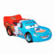 Disney Pixar Cars Transforming Lightning McQueen diecast race car in bright blue and red metal with glittery finish, sleek aerodynamic body, Dinoco and Rust-eze graphics, Lightning Bolt decals, and expressive eyes, shown on a clean white studio background.