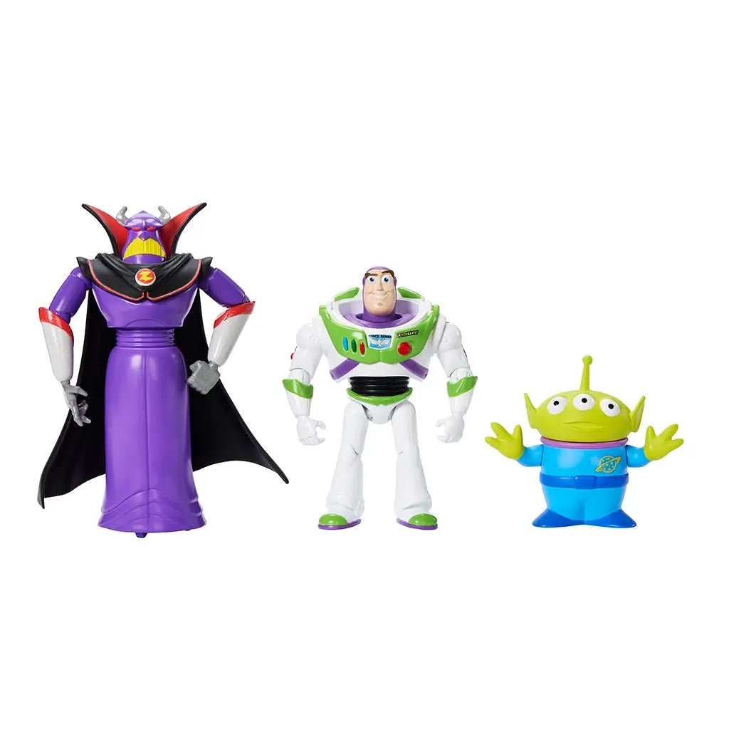 Disney Pixar Toy Story Intergalactic Storytellers 3-figure set includes Zurg in a purple cape, Buzz Lightyear in a white and green suit, and a green alien character.