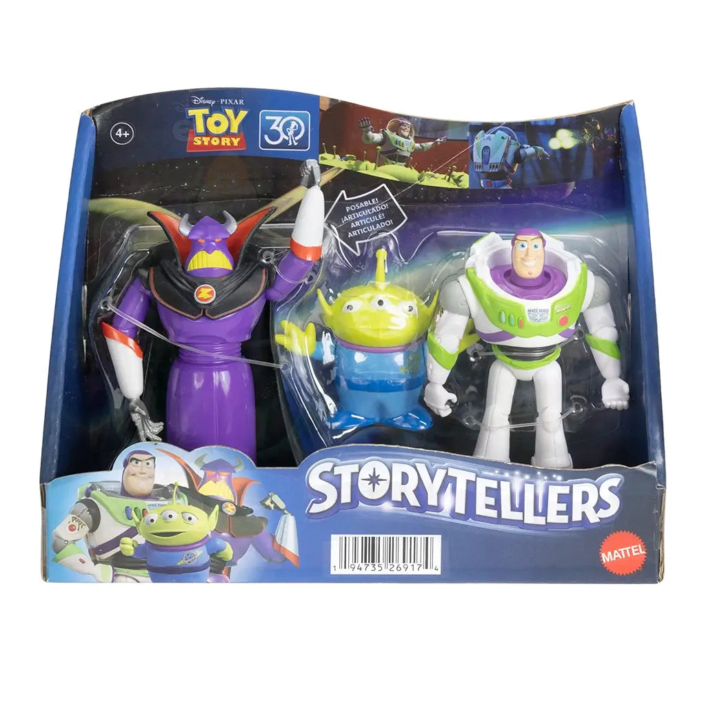 Box packaging of Disney Pixar Toy Story Intergalactic Storytellers 3-figure set displays Buzz Lightyear, Zurg, and alien toys inside clear plastic window case.