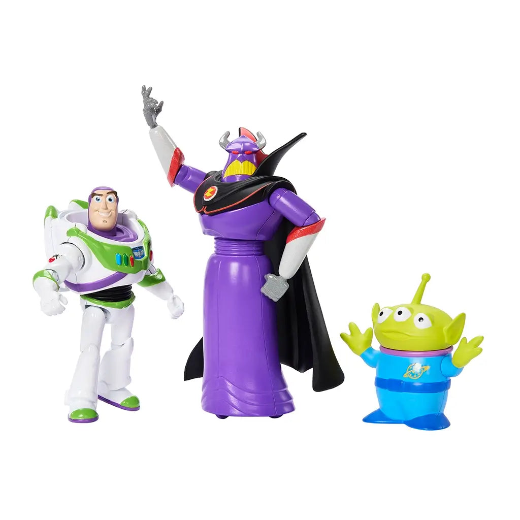 Poseable Disney Pixar Toy Story action figures show Buzz Lightyear, Emperor Zurg, and a three-eyed alien toy standing together in playful character poses.