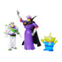 Poseable Disney Pixar Toy Story action figures show Buzz Lightyear, Emperor Zurg, and a three-eyed alien toy standing together in playful character poses.