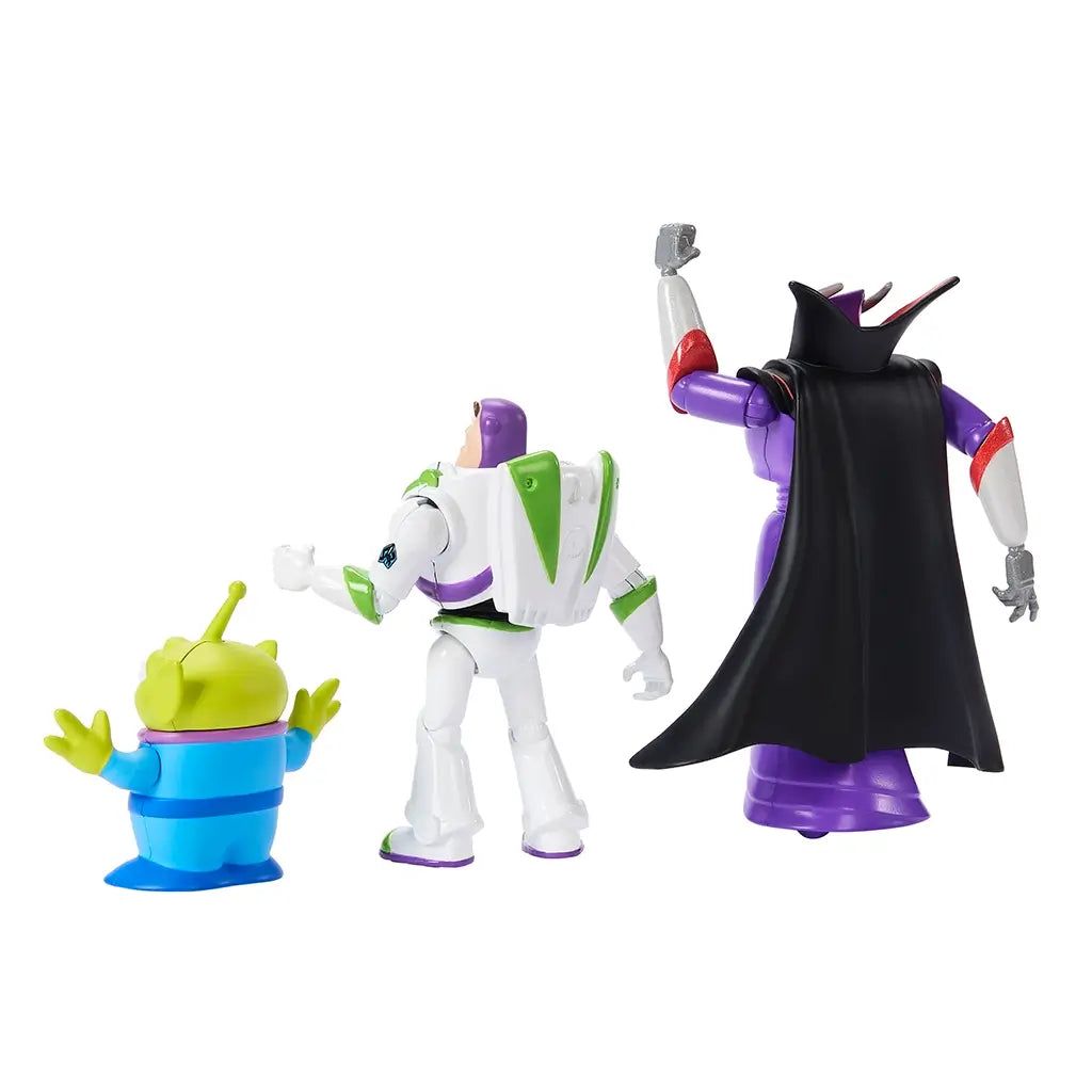 Rear view of Toy Story action figures shows Zurg’s black cape, Buzz Lightyear’s white space suit with green accents, and the alien’s bright blue outfit.
