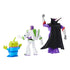 Rear view of Toy Story action figures shows Zurg’s black cape, Buzz Lightyear’s white space suit with green accents, and the alien’s bright blue outfit.