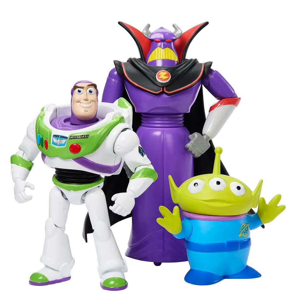 Disney Pixar Toy Story Intergalactic Storytellers figure set features Buzz Lightyear, Zurg, and a green alien posed together in front-facing display.