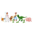 Angled front view of Toy Story Storytellers figure set with Woody, Bo Peep, Rex, Hamm, Slinky Dog, and green army men posed together in dynamic arrangement on white surface.