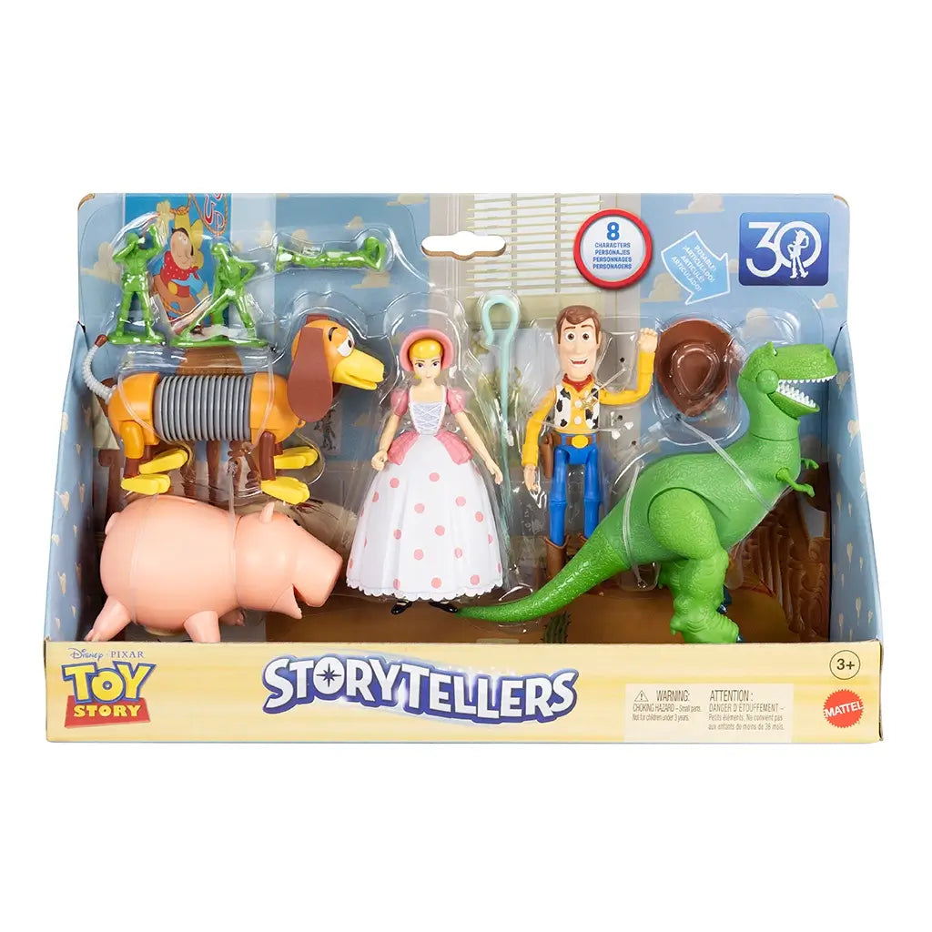 Disney Pixar Toy Story Storytellers figure set in retail packaging featuring Woody, Bo Peep, Rex, Hamm, Slinky Dog, and green army men displayed against a blue backdrop.