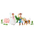 Colorful Toy Story Storytellers figure set featuring Woody, Bo Peep, Rex, Hamm, Slinky Dog, and green army men posed upright in playful formation on a clean white surface.