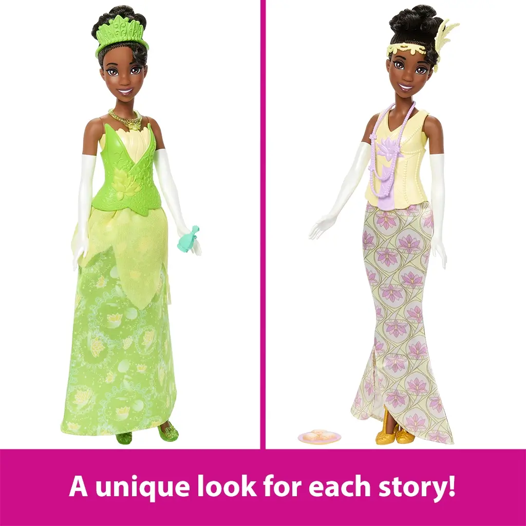 Disney Princess Tiana fashion doll shown in two outfits, one green floral ballgown with gloves and tiara, and one lavender print gown with yellow bodice, highlighting versatility.