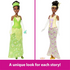Disney Princess Tiana fashion doll shown in two outfits, one green floral ballgown with gloves and tiara, and one lavender print gown with yellow bodice, highlighting versatility.