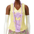 Close-up of Disney Princess Tiana doll outfit featuring detailed yellow bodice with lavender lotus design and layered lavender beaded necklace, paired with floral skirt.