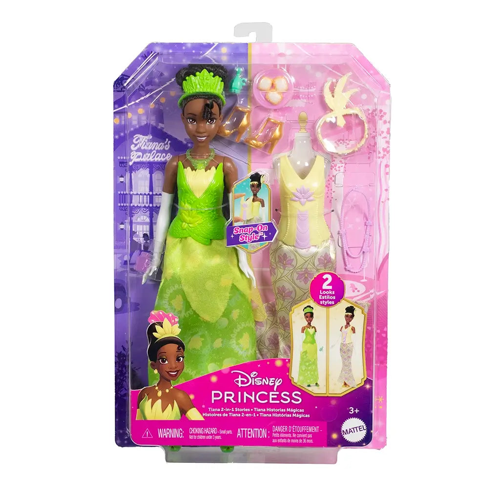 Front packaging of Disney Princess Tiana 2-in-1 Stories doll set, showing doll in green gown with alternate lavender outfit, accessories, and branding for ages 3+.