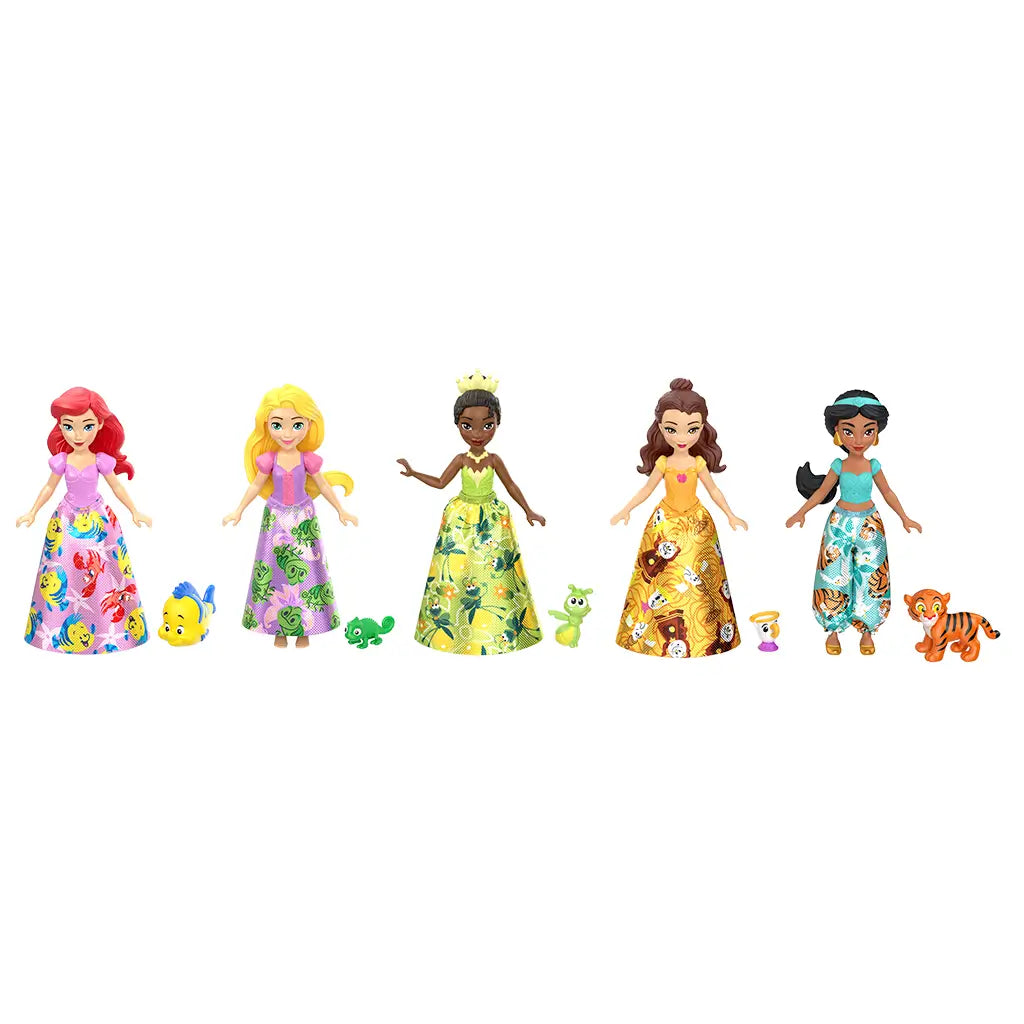 Set of five Disney Princess dolls with colorful themed skirts and matching animal companions, including Ariel, Rapunzel, Tiana, Belle, and Jasmine figures.