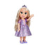 Disney Princess Rapunzel doll in a purple satin-look floral gown, jeweled tiara, lavender shoes, and long blonde hair, smiling and waving on a white background.