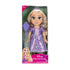 Disney Princess Rapunzel doll in a purple satin-look floral gown and jeweled tiara, packaged with a lavender brush in a pink display box on a white background.