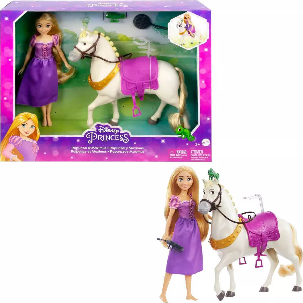 Disney Princess Rapunzel & Maximus Play Set closed package with contents as well as the doll and horse removed from the package shown