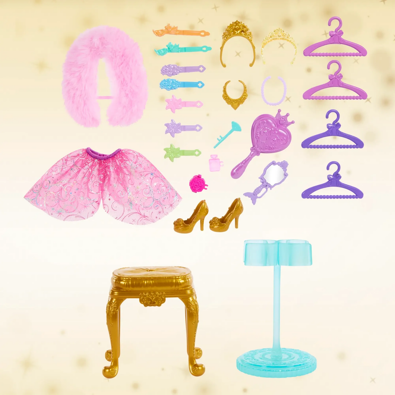 Collection of Disney Princess doll accessories including a skirt, shoes, and various items on a beige background.