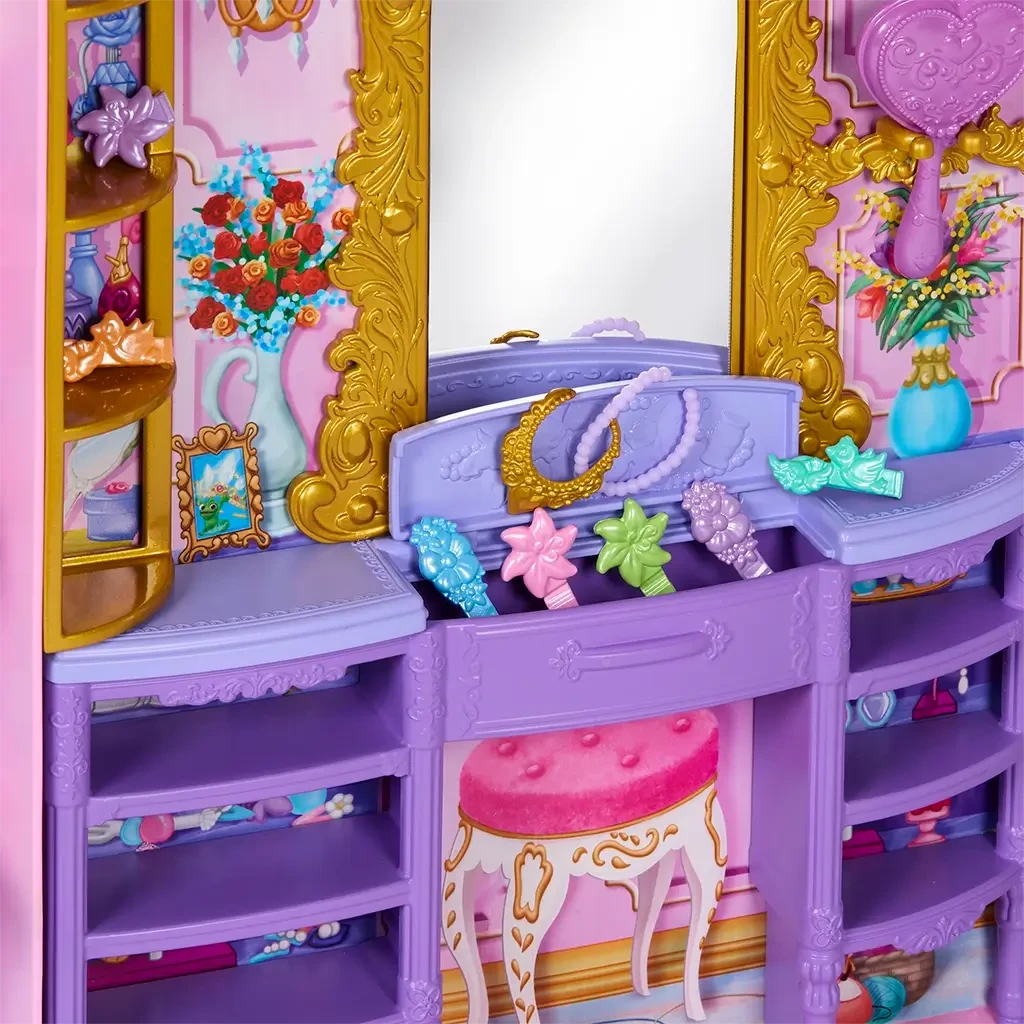 Toy vanity with mirror, shelves, and decorative items in a colorful setting