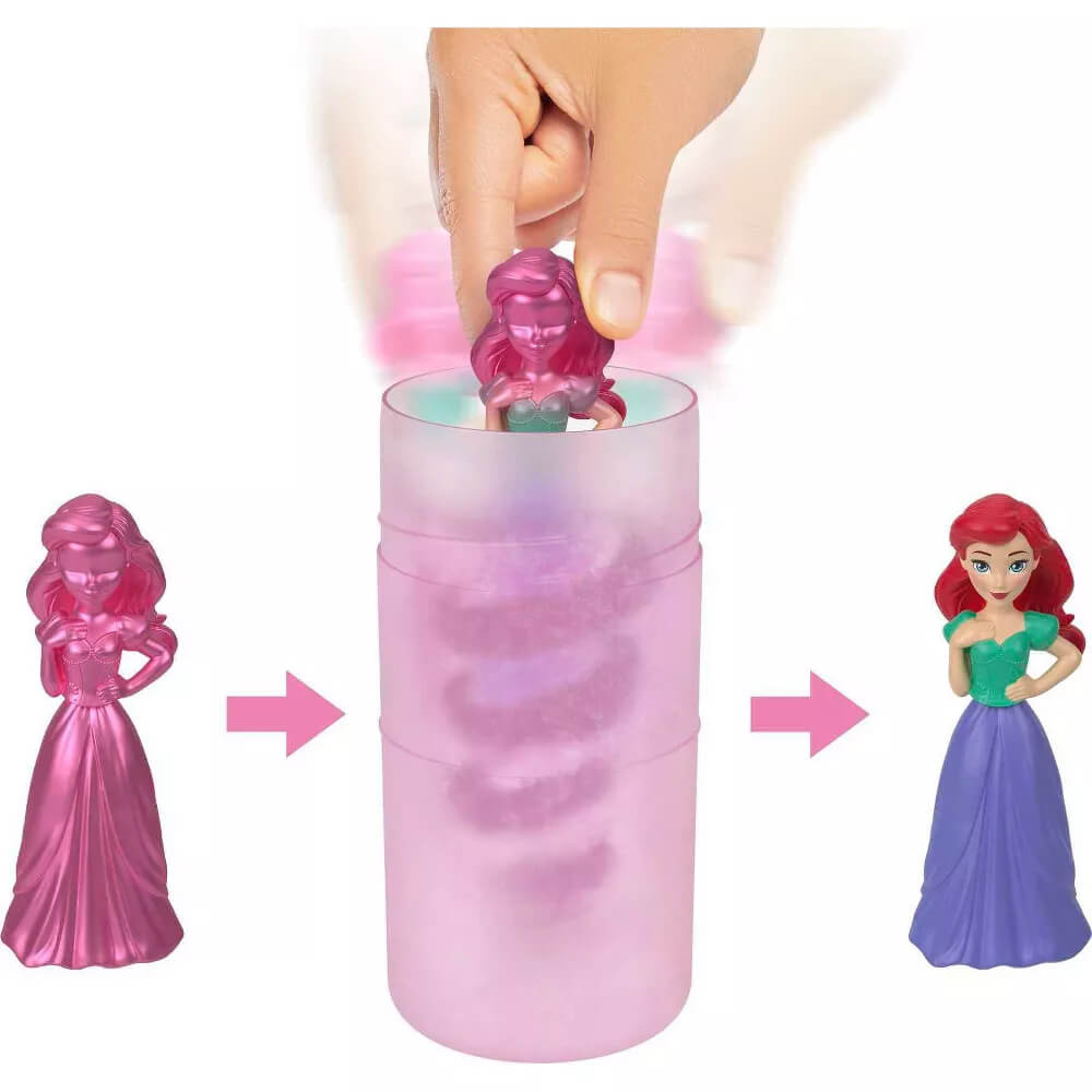 Disney Princess Royal Color Reveal Doll show before and after the color reveal process.  Ariel was the princess that was shown being revealed