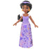 Disney Princess Jasmine doll shown in a three quarter angled view, featuring a lavender purple molded bodice, long patterned skirt with metallic accents, flowing black hair, and gold earrings on a white background.