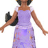 Disney Princess Jasmine doll outfit close up highlighting a lavender purple textured bodice, short white sleeves, decorative waistband fringe, and a long skirt with stars and swirl patterns on white.