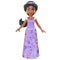 Disney Princess Jasmine doll in lavender purple plastic with smooth molded features, wearing a long sparkling patterned gown, gold earrings, and a matching headband, standing upright against a clean white studio background.