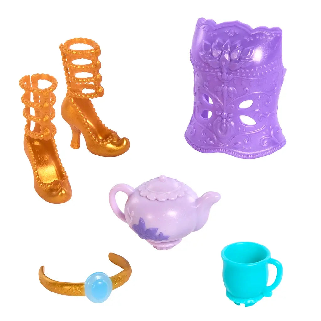 Disney Princess Jasmine doll accessories including golden shoes, gold tiara, purple bodice, teapot, and blue cup for imaginative play.