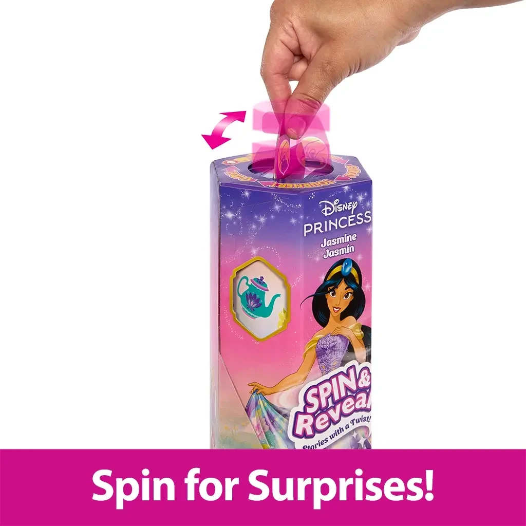 Hand turning top spinner on Disney Princess Spin & Reveal Jasmine doll packaging to reveal numbered compartments with surprises.