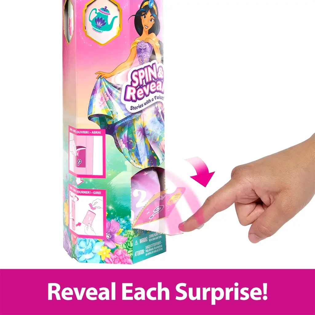 Hand opening numbered door on Disney Princess Spin & Reveal Jasmine doll packaging to uncover hidden surprise accessory.