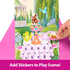 Hand placing stickers on illustrated tea party scene from Disney Princess Spin & Reveal Jasmine set for creative storytelling.