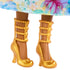 Close-up of Disney Princess Jasmine doll’s detailed golden high-heeled shoes with beaded strap design under floral skirt.