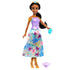 Disney Princess Jasmine fashion doll wearing floral skirt, purple bodice, golden shoes, and accessories, posed with teapot and cup.