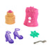 Assortment of toy accessories including a yellow cake, pink corset, purple heels, green flower, and silver fork, all designed to complement the Rapunzel doll set.