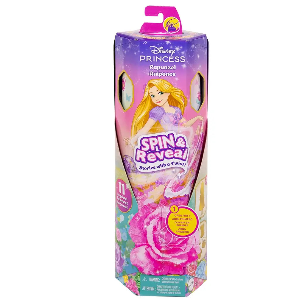 Tall, hexagon-shaped toy box featuring Disney Princess Rapunzel with long blonde hair, labeled “Spin & Reveal,” containing 11 surprises inside and decorated with flowers.