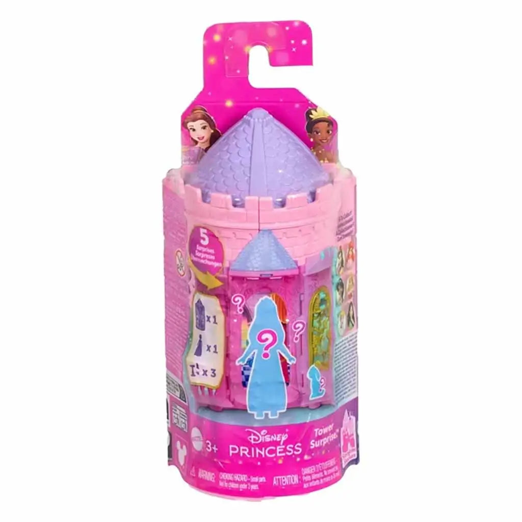 Disney Princess Tower Surprise playset packaging shaped like a pink and purple castle tower, featuring surprise character silhouettes and bright graphics of beloved princesses for kids ages 3 and up.