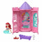Open Disney Princess Tower Surprise playset with Ariel figure, purple bathtub, Sebastian crab, and mirror accessory inside a detailed pink castle decorated with aquatic-themed designs and windows.
