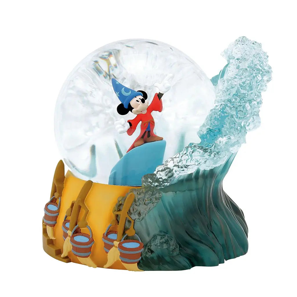Angled front view of Sorcerer Mickey waterball with enchanted brooms and spellbound water scene; part of Disney Showcase Fantasia 85th anniversary edition.