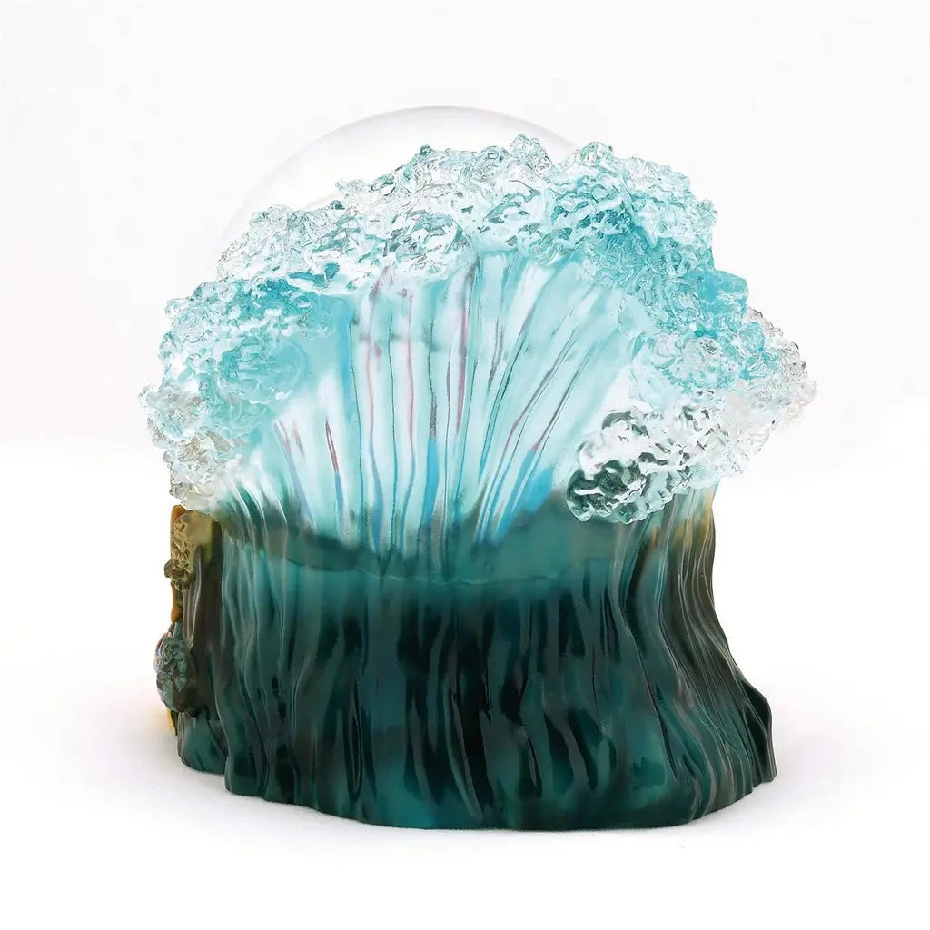 Rear view of Fantasia 85th anniversary waterball with large translucent blue wave curling behind Mickey; detailed Disney Showcase collectible base.