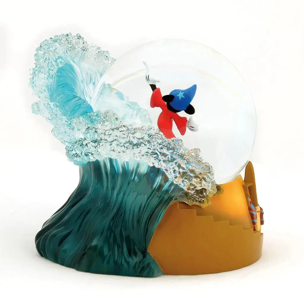 Side view of Disney Showcase waterball featuring Sorcerer Mickey raising his hand, surrounded by large crashing translucent waves and magical broomsticks.