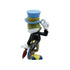 Rear angle of Jiminy Cricket collectible wearing a tuxedo coat with yellow buttons, standing cheerfully with umbrella; Disney Pinocchio 85th anniversary edition.