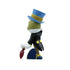 Rear view of Jiminy Cricket figurine in black jacket, blue shoes, and top hat, holding umbrella behind him; celebrates Pinocchio 85th anniversary by Disney Showcase.