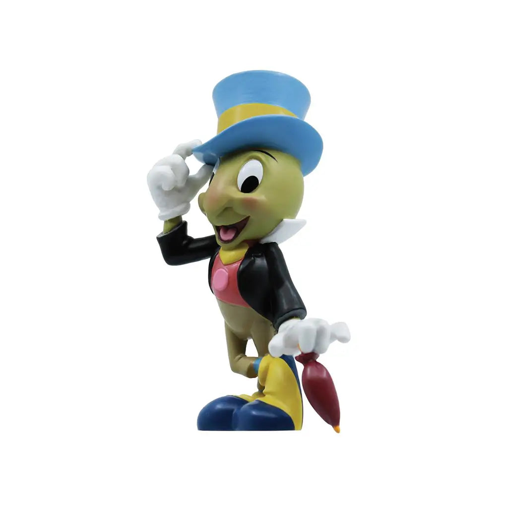 Side view of Jiminy Cricket 3.5-inch figurine holding an umbrella, tipping his blue top hat; part of Disney Showcase Pinocchio 85th anniversary collectible series.