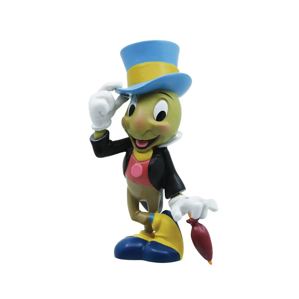 Jiminy Cricket figurine standing with umbrella and tipping hat, dressed in signature attire; detailed 3.5-inch piece from Disney Pinocchio 85th Showcase collection.