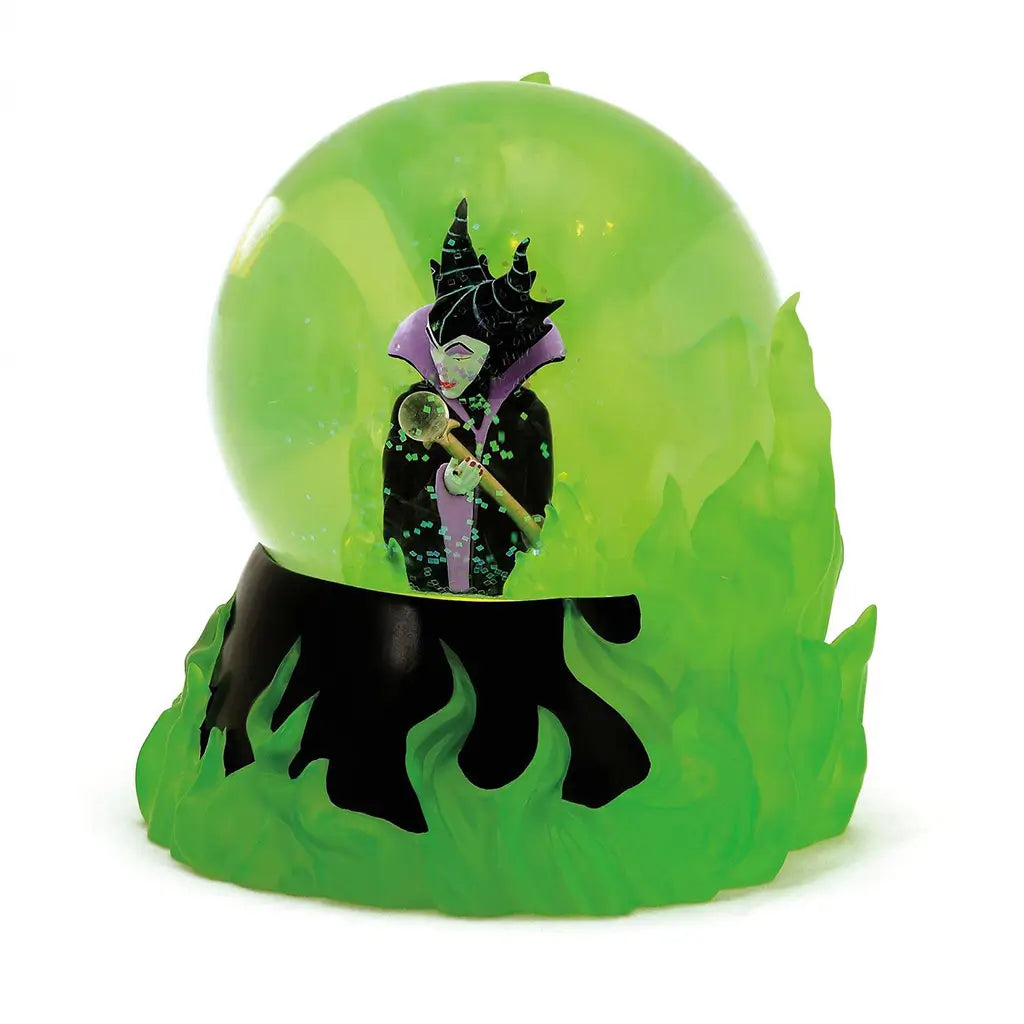 maleficent-light-up-waterball-angle.webp	Angled view of Disney Showcase Maleficent light-up waterball showing vibrant green flame base and dark fairy holding staff inside dome; spooky villain decor piece.