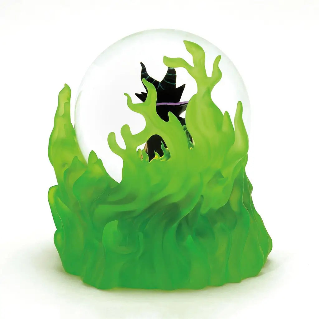 Rear view of Maleficent snow globe encased in vivid green flames with horned silhouette inside glass dome; part of Disney Showcase villain collectible line.