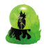 Front view of Maleficent waterball figure in green swirling flames holding a glowing orb, encased in dome; collectible from Disney Showcase villain series.